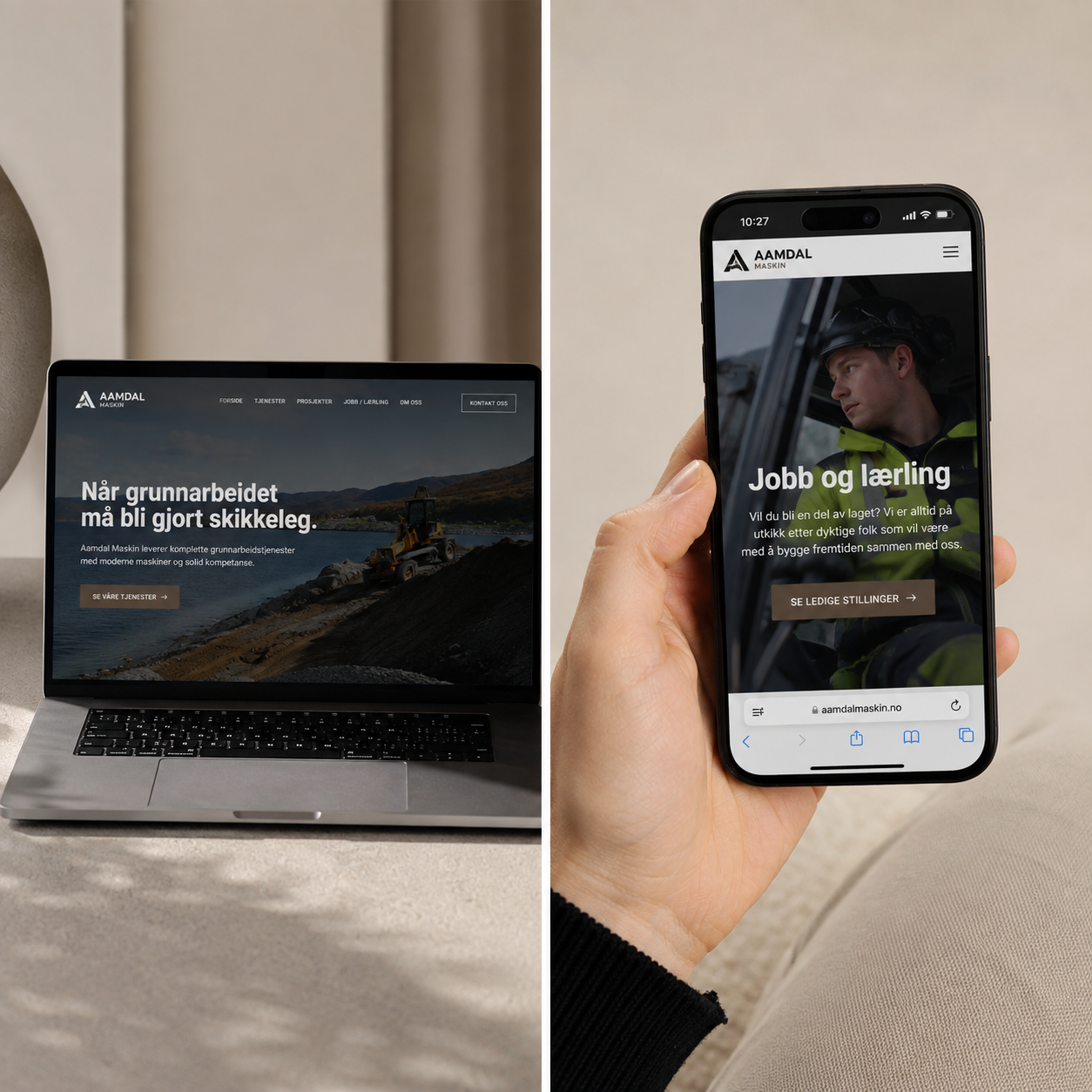 Åmdal Maskin nettside vist på laptop og mobil